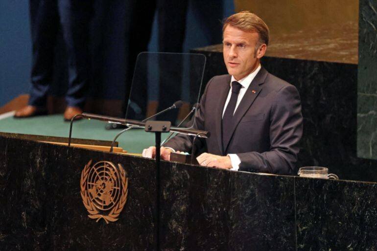 Le président Emmanuel Macron s'exprimant lors du sommet des Nations Unies sur la Palestine, New York, 22 septembre 2025.