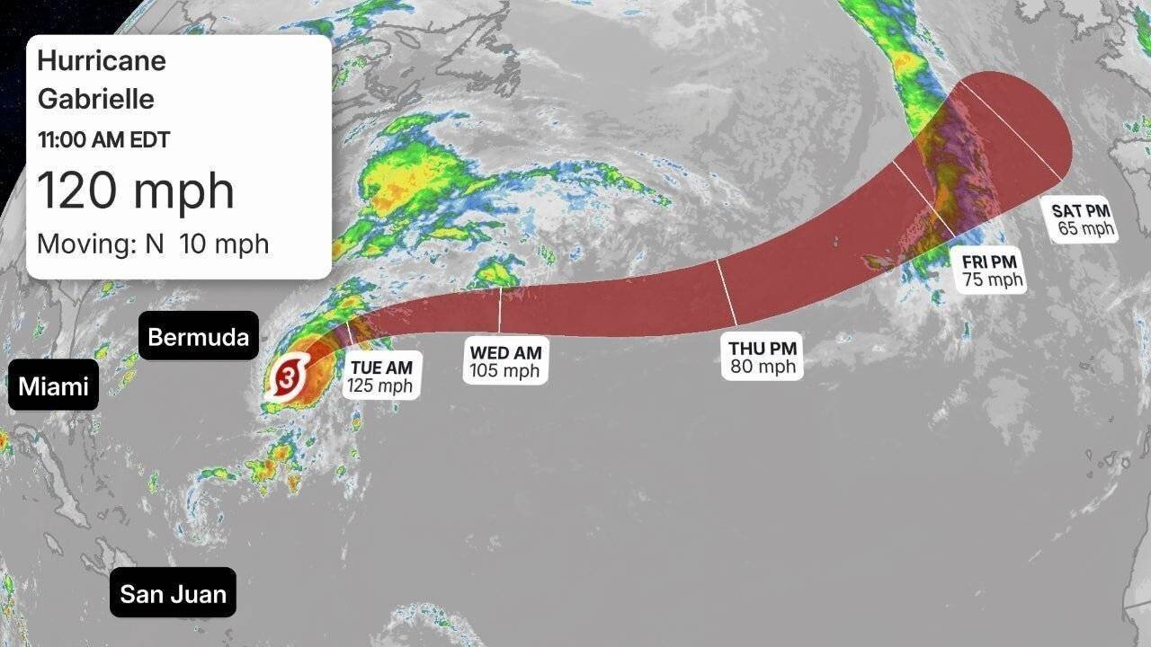 Vue satellite de Gabrielle au large des côtes atlantiques