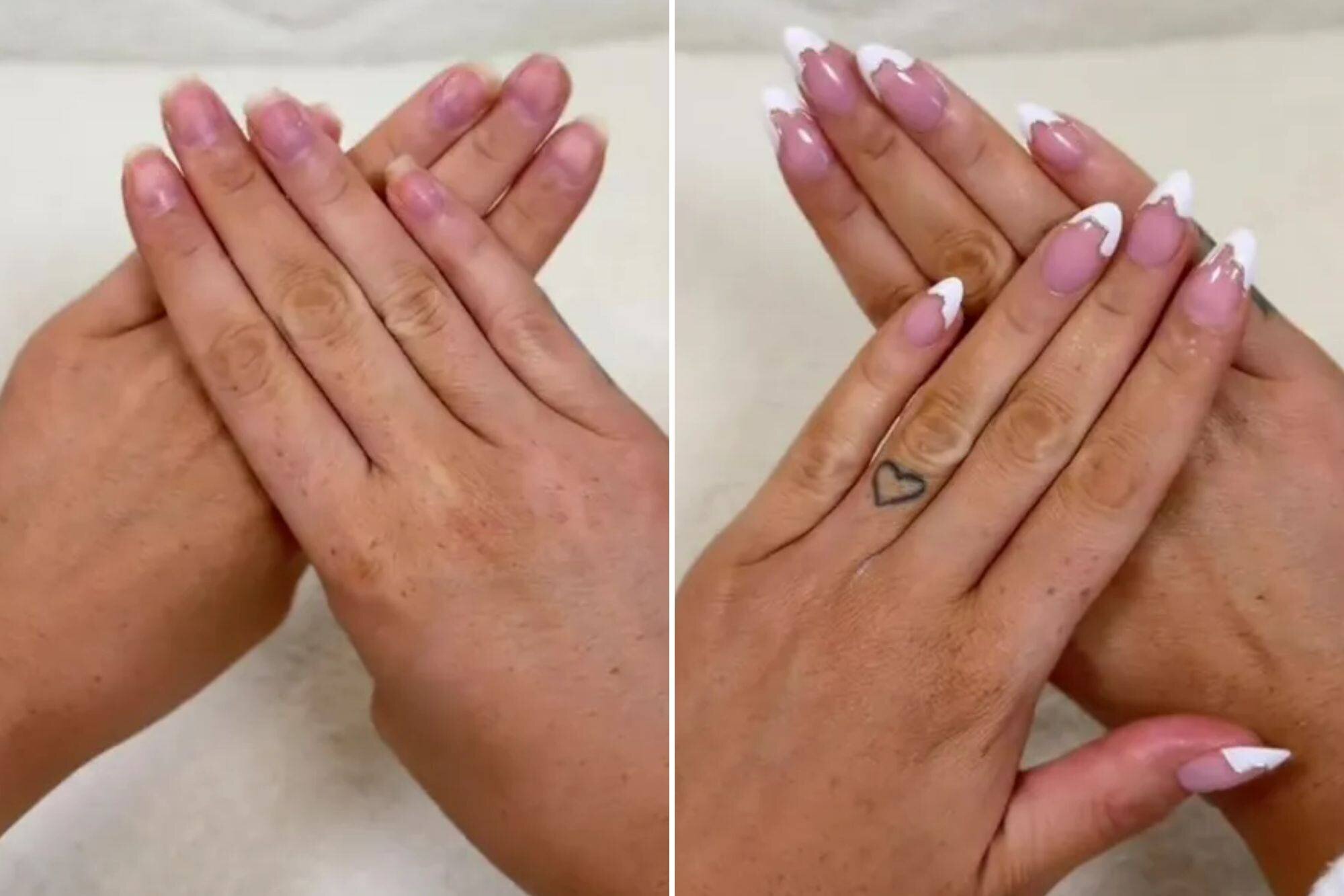 Mains avant et après pose de faux ongles
