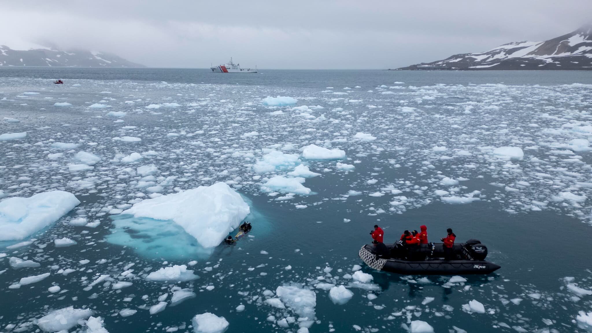 Plongeurs prélevant des échantillons sur Livingston Island, Antarctique