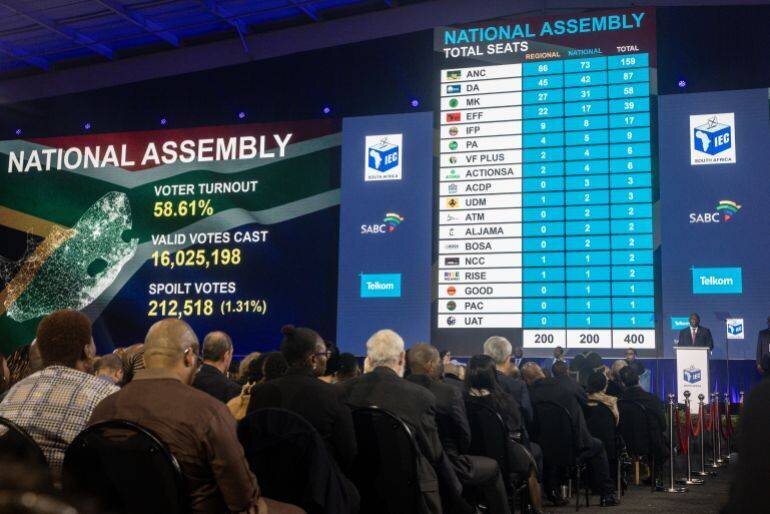 Le président Cyril Ramaphosa s'adressant au public après la perte de la majorité parlementaire