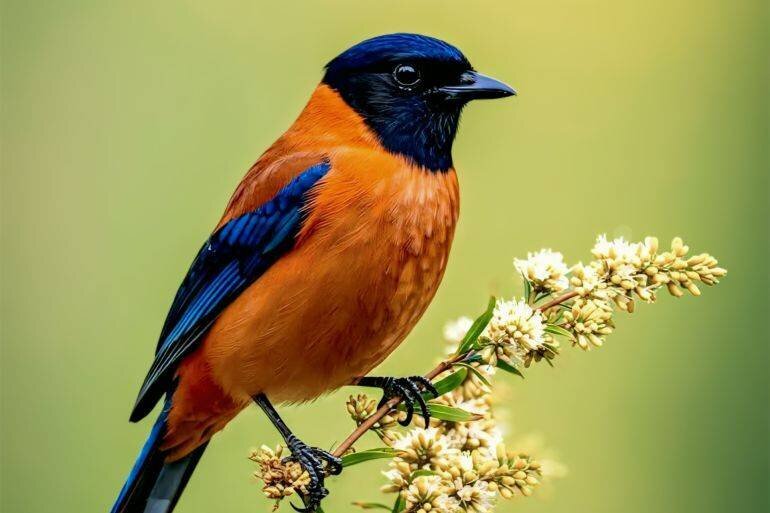 A colorful bird Hooded pitohui perched on a branch with flowers
