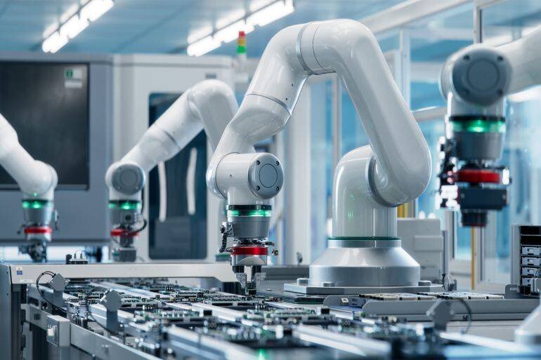 Bras robotisé dans une ligne de production électronique (illustration)