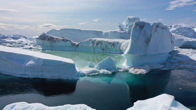 Ice floats jammed into the Ilulissat Icefjord, Greenland