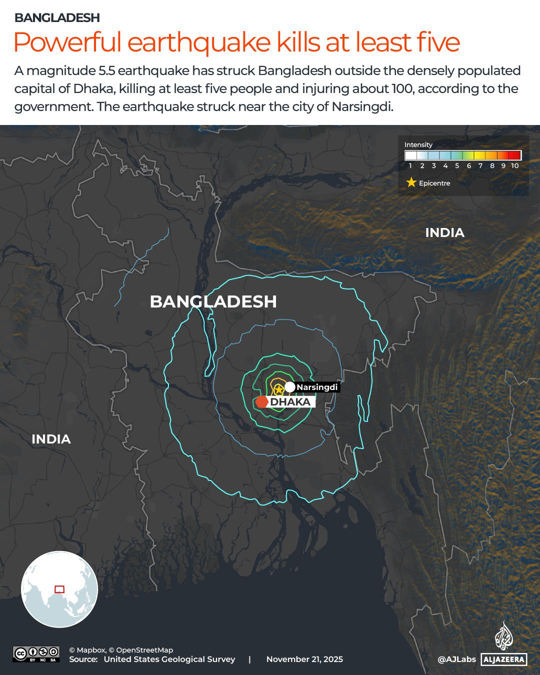 Carte interactive du séisme au Bangladesh, 21 novembre 2025
