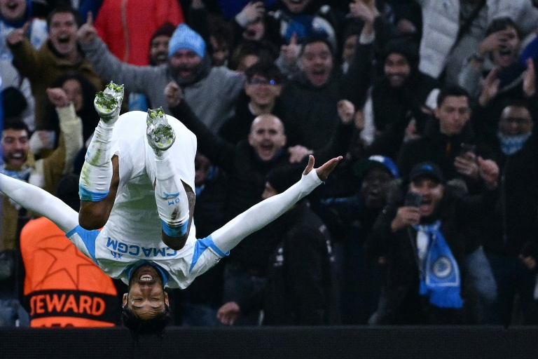 Aubameyang célébrant lors du match OM contre Newcastle