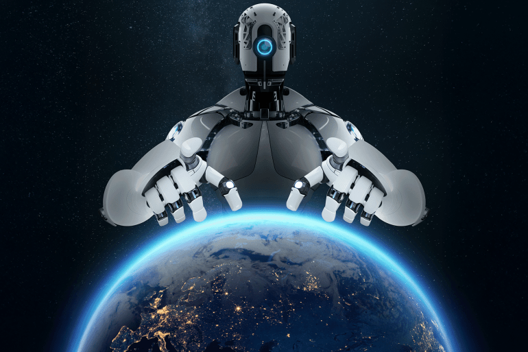 Robot cyborg contrôlant la planète, illustration 3D montrant le contrôle de l'intelligence artificielle