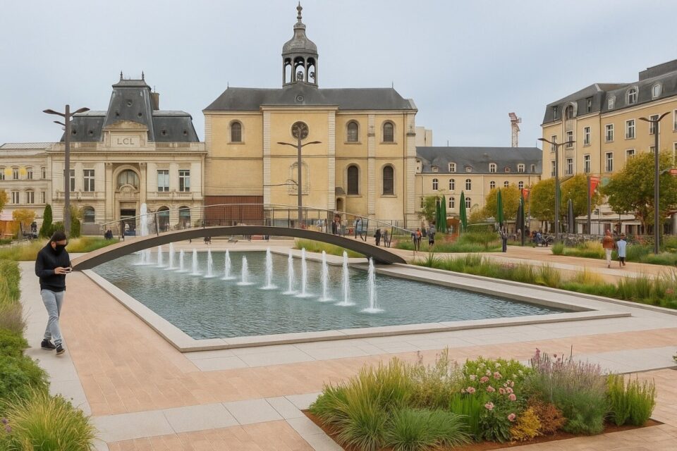 La place de la République revisitée par l’IA et Cyril Lechat au Mans.